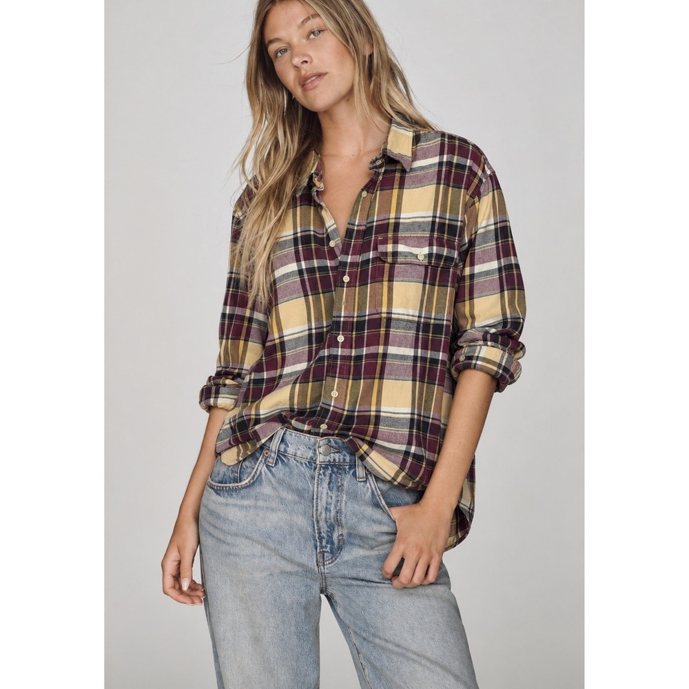 Eddie Bauer Plaid Button Down Shirt Long Sleeve Flannel Burgundy Yellow Men's Lg